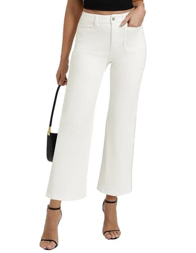 Belle Poque Women Straight Leg Jeans White Mid Rise Stretchy Wide Leg Denim Pants with Pockets Front (White, 10) - Image 1