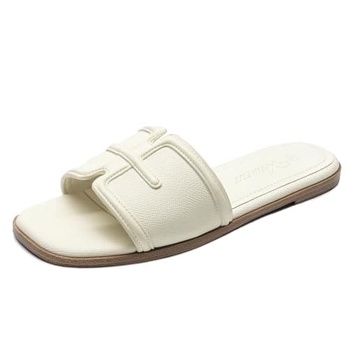 Athlefit Flat Sandals for Women Dressy Square Open Toe Comfortable Slip On Summer Beach Casual Slide Sandals Ivory Size 11 - Image 1
