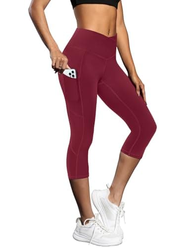 Fihapyli ICTIVE Women's Capris Yoga Pants with Pockets Crossover High Waisted Fitness Running Leggings Burgundy XL