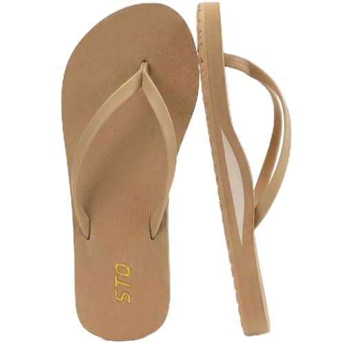 STQ Arch Support Flip Flops for Women Orthopedic Plantar Fasciitis Relief Slim Summer Beach Thong Sandals Leather Orthotic Flip-Flop Yoga Mat Sole Lightweight Comfortable Walking Non Slip Tan Size 6 - Image 1