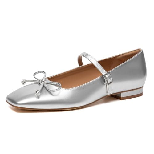 Athlefit Women's Mary Jane Flats Dressy Comfortable Square Toe Slip On Silver Ballet Flats Shoes with Buckle Strap Size 9.5 - Image 1