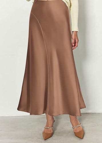 KIRUNDO Women's Satin Maxi Skirt 2026 Summer Fall Trendy High Waisted Wedding Cocktail Party Work Silk A-Line Formal Skirts(X-Large, Coffee) - Thumbnail 5