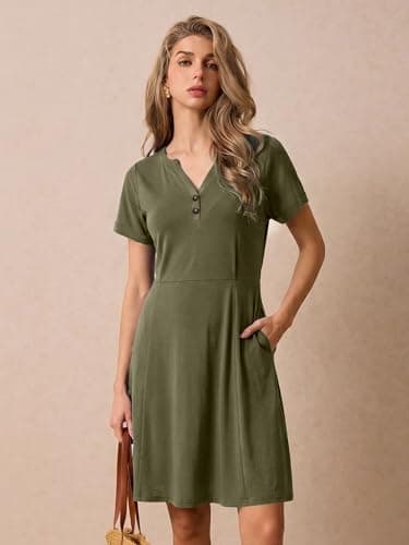 AUMORA Summer Dresses for Women 2026 Casual T Shirt Dress V Neck Short Sleeve with Pockets Loose Beach Vacation Dress Green - Thumbnail 6