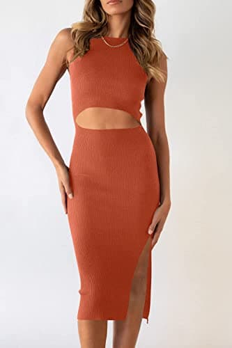 PRETTYGARDEN Women's Summer Midi Bodycon Dresses Casual Crew Neck Side Slit Sleeveless Knit Cut Out Tank Top Dress (Brick Red,Medium) - Thumbnail 4