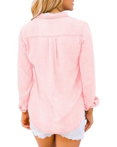 Vetinee Women's Candy Pink Button Down Denim Shirt Collared Classical Casual Vintage Retro Long Sleeve Pocket Tunic Fall Tops Blouse Size X-Large Size 0 Size 2 - Thumbnail 2