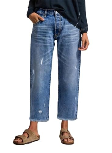 EVALESS Jeans for Women Trendy High Waisted Loose Distressed Frayed Raw Hem Denim Pants Casual Baggy Jean Trousers with Pockets Blue Size 16 - Image 1