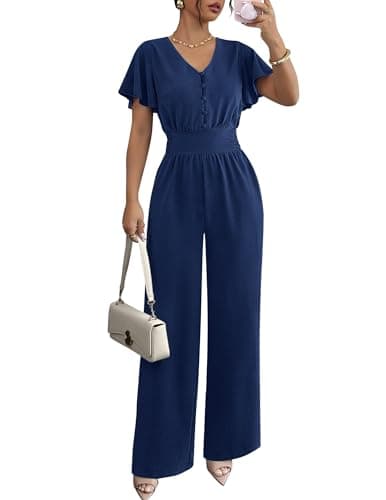 LOOKBOHO Summer Jumpsuits for Women Dressy Casual Ruffle Short Sleeve Button V Neck Wide Leg Romper One Piece Outfits - Image 1
