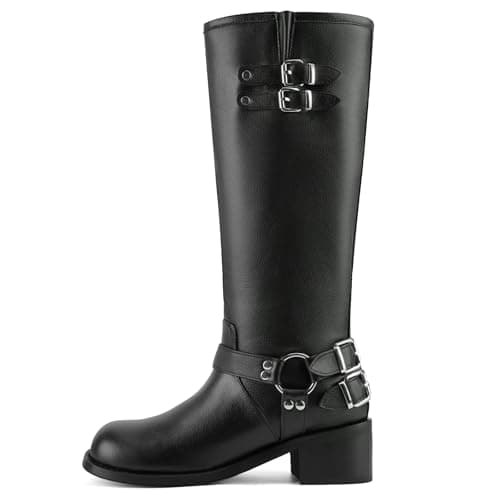 QIV Black Pebbled Knee High Motorcycle Boots for Women – Classic Harness Ring Mid Calf Riding Biker Boots with Buckle Straps & Low Block Heel Size 9.5 - Image 1