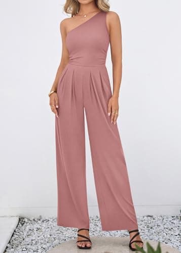 KIRUNDO One Shoulder Jumpsuits For Women Dressy Summer Formal One Piece Ribbed Wide Leg Romper Pockets Cocktail Party Outfits(Pink, Large) - Thumbnail 3