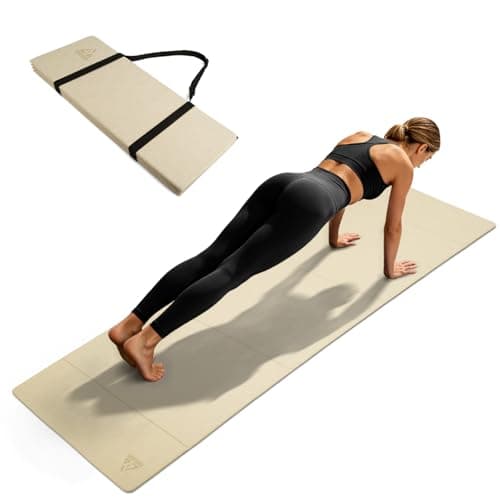 IwIeIaIrI Foldable Yoga Workout Mat with Strap– Lightweight, Non-Slip, POE, Portable & Easy to Store for Women Men Home Workout, Pilates, Gym, Travel, Floor Exercises (Beige) - Image 1