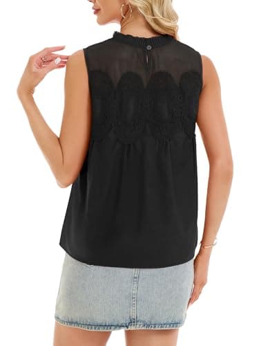 Funlingo Black Lace Blouse for Women Poplin Mesh Babydoll Peplum Tops Crew Neck Flared Swing Fashion Sleeveless Shirt Tank Top Black L - Thumbnail 4