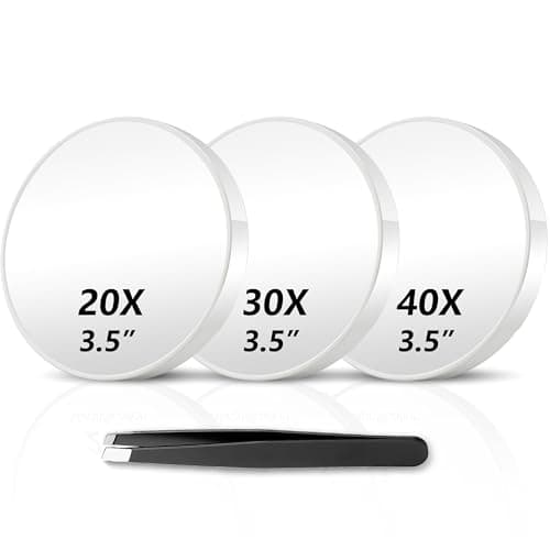 Haikopoon Magnifying Mirror 20X&30X&40X 3 Packs with Tweezer and Suction Cups Set, 3.5 Inches Compact Travel Magnified Mirror-White