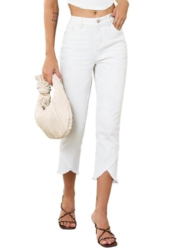 Sidefeel Jeans for Women High Waisted Stretchy Capri Jeans Skinny Cropped Summer Trendy Cross Raw Hem Denim Pants Cream White Size 6 - Image 1