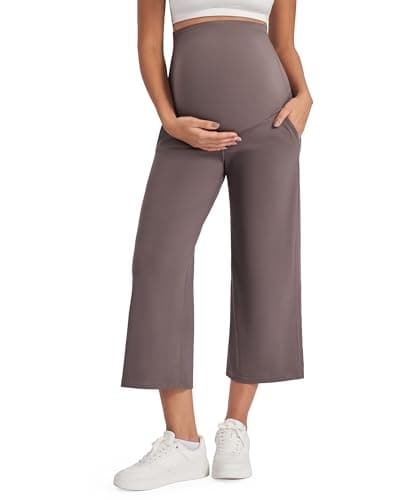 G4Free Maternity Yoga Pants for Women Wide Leg Summer Capris Over The Belly Stretch Activewear Pregnancy Cropped Slacks with Pockets (Taupe,S,Regular) - Image 1