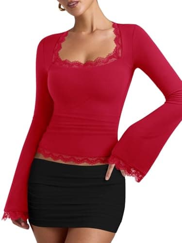 REORIA Womens Square Neck Long Bell Sleeves Tee Shirts Lace Trim Casual Slim Fitted 2026 Winter Fall Fashion Going Out Tops Red