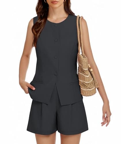 Casly Lamiit Womens 2025 Summer 2 Piece Outfits Sleeveless Crewneck Vest Business Formal Matching Short Sets Dressy Work Suits Dark Grey L