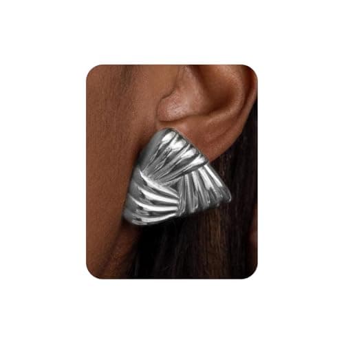 UANNEAU Silver Chunky Earrings for Women Trendy, 14K White Gold Plated Dainty Triangle Knot Earrings Statement Minimalist Hypoallergenic Stud Earrings - Image 1