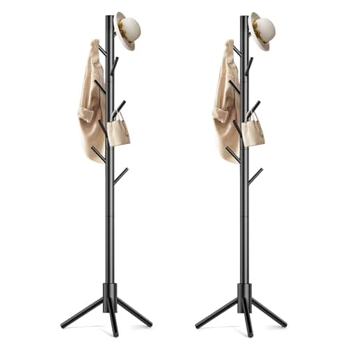 Aliphon Wooden Coat Rack Stand, Freestanding Coat Rack with 8 Hooks, 3 Adjustable Size Coat Tree for Hats, Coats, Scarves bags, Coat Hanger Stand Used in Bedroom/Office/Entryway,2 PCS (Black) - Image 1