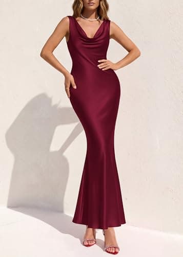 KIRUNDO Womens Summer Cowl Neck Sleeveless Satin Maxi Dress Elegant Bodycon Cocktail Wedding Guest Party Long Dresses(Burgundy, Large) - Thumbnail 2