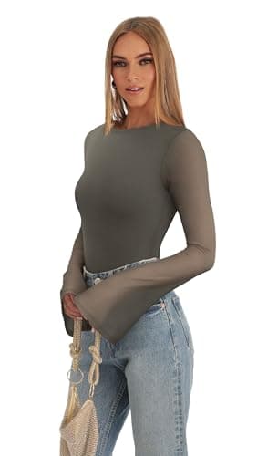 REORIA Women’s Fashion Sexy Boat Neck Classy Bell Sleeve Double Lined Sheer Mesh Cute Night Out Bodysuit Tops For Party Grey Green X-Large - Thumbnail 5