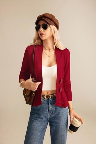 GRACE KARIN Women Cardigan Sweaters 2025 Fall,Long Sleeve Cropped Sweater Coat Trendy,Button Front Peplum Tops Lightweight Red - Thumbnail 4
