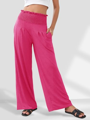 GEMLON Womens Wide Leg Pants High Waisted Palazzo Pants Summer Flowy Lounge Trousers Pants with Pockets Rosy Red 2XL - Thumbnail 6