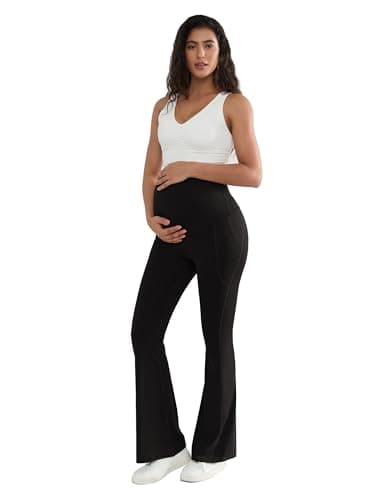 BRATUC Maternity Yoga Pants Flare Leg Pregnancy Yoga Leggings Over Belly Buttery Soft Bootcut Pants for Work (Medium, Black) - Thumbnail 2