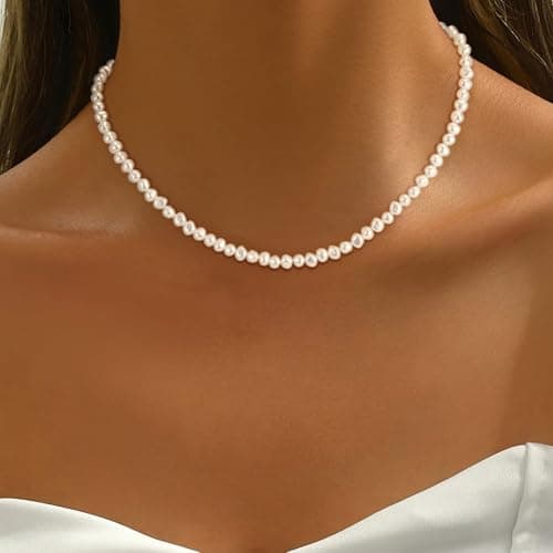 Fezodo Pearl Necklaces for Women, Dainty White Pearl Choker Necklace Tiny Small Pearls Necklace Bridesmaid Necklaces for Wedding Prom Pearls Jewelry Gifts - Thumbnail 4