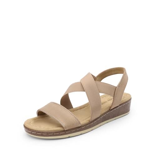 DREAM PAIRS Women's Dressy Slip on Elastic Ankle Strap Summer Wedge Heels Low Wedge Cork Beach Sandals for Women Casual Vacation,Size 8,Nude,DWUMFS2505 - Image 1