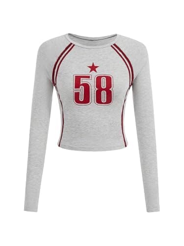 SOLY HUX Women's Y2K Jersey Crop Top Long Sleeve Number Graphic Tees Tight Fitted Going Out T Shirts Striped Shirt Grey Letter X-Small - Image 1