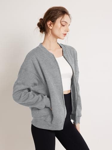 GEMLON Womens Full Zip Up Sweatshirts No Hood Long Sleeve Casual Loose Fall Fashion Jackets with Pockets Light Grey 2X-Large - Thumbnail 3
