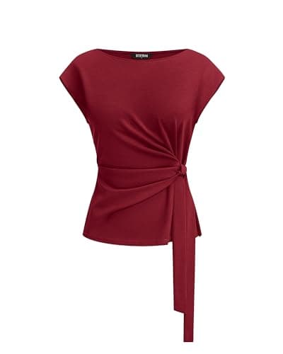 BTFBM Womens Tops Summer 2026 Cap Sleeve Crew Neck Tie Waist Blouses Dressy Casual Business Work Clothes Spring Fashion(Red, X-Large) - Image 1
