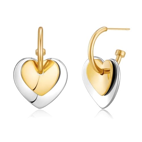 MIJENITI Two Tone Heart Hoop Earrings for Women Dainty Gold and Silver Heart Drop Earrings for Women Trendy 14K Gold Plated Cute Hypoallergenic Jewelry for Valentine's Day - Image 1