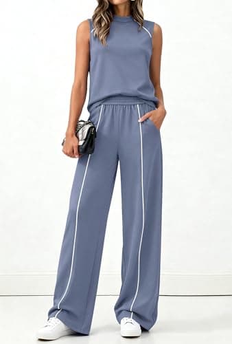 BTFBM Womens 2 Piece Lounge Set 2026 Striped Travel Outfits Sweatsuit Mock Neck Tank Top Wide Leg Pants Casual Activewear(Grey Blue, X-Large) - Thumbnail 5