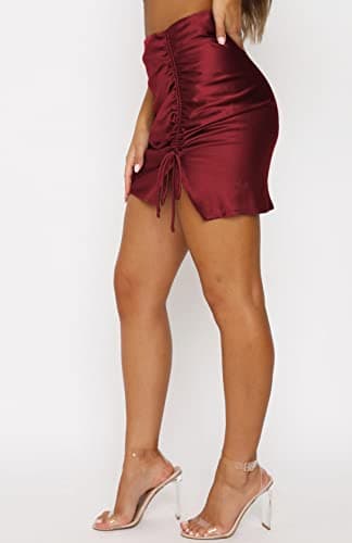 ZAFUL Women Satin Mini Skirts Sexy High Waisted Ruched Silk Bodycon Split Zipper Short Skirt (Red, L) - Thumbnail 5