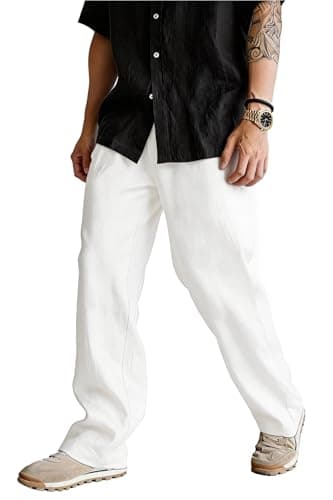 Heyfanee White Linen Pants Men Casual Loose Fit Summer Beach Pants for Men with Pockets 28 - Thumbnail 6
