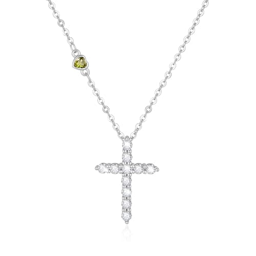 Juvux Easter Gifts for Women Birthstone Cross Necklaces 925 Sterling Silver Heart Gemstone Cross Pendant Necklace Simple Jesus Cross Necklace Simulated Diamond Jewelry Religious Gifts (Peridot) - Image 1