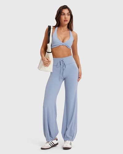 MOOSLOVER Women Bubble Yoga Pants Drawstring Fold Over Flare Leggings Pilates Casual Lounge Pant(L,Blue) - Thumbnail 4
