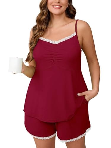 AusLook Women's Plus Size Pajama Sets Lace Trim Cami Sleeveless Top and Shorts Burgundy 1X Comfy Soft Ladies Short Pajamas Set Loungwear Sleepwear Pjs Set 2 Piece Lounge Set with Pockets - Image 1