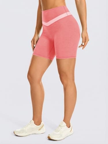 Aoysky Womens 6" High Waisted Buttery Soft Biker V-Shaped Color Block Shorts Butt Lifting Seamless Workout Shorts Pink - Thumbnail 2