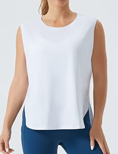 THE GYM PEOPLE Women's Workout Tank Tops Loose Fit Sleeveless Cotton Running Shirts White - Thumbnail 2