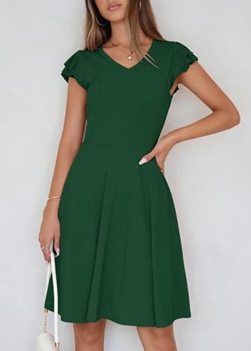 Lazysmile Summer Dresses for Women Ruffle Short Sleeve V Neck A Line Swing Ribbed Knit Casual Mini Short Dress Dark Green - Thumbnail 3