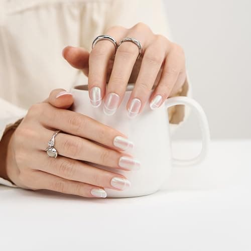 Short French Tip Press On Nails - Round Glitter Glamorous Shimmering Nails For Women, Ideal For Fashion Shoots, Holiday Looks, Or Special Ceremonies, 24 Nails in 12 Sizes - Thumbnail 2