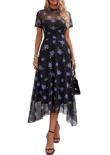 PRETTYGARDEN Cocktail Dresses for Women 2026 Summer Short Sleeve Floral Mesh Sheer Midi Party Wedding Guest Dress (Floral Black Blue,XX-Large) - Image 1