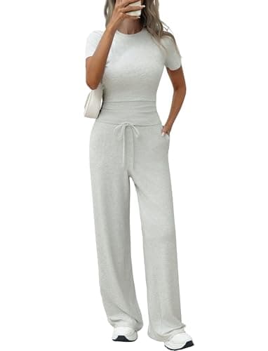 Flevita Womens Two Pcs Lounge Sets Short Sleeve Slim T-shirt and High Waisted Wide Leg Pants with Pockets Soft Pajama Set Airport Travel Outfits Grey S 31" Inseam - Image 1