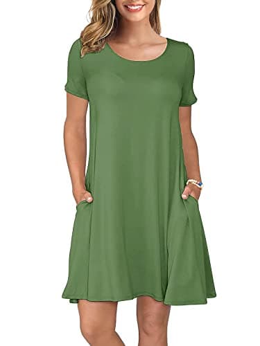 KORSIS Summer Dresses for Women Army Green Small Casual T Shirt Dress Short Sleeve Swing Flowy Ladies Beach Vacation Sundress with Pockets - Image 1