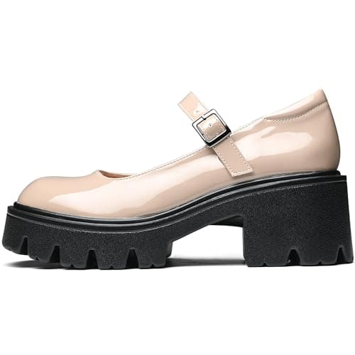Elvora Women's Mary Jane Shoes - Platform Mary Janes for Women, Nude Leather Round Toe Chunky Dress Shoes with Adjustable Ankle Strap - Thumbnail 4
