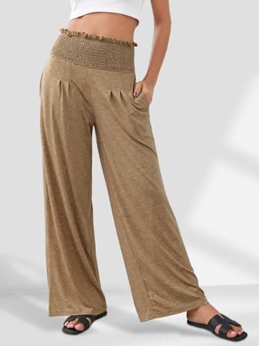 GEMLON Womens Wide Leg Pants High Waisted Palazzo Pants Summer Flowy Lounge Trousers Pants with Pockets Dark Khaki L - Thumbnail 5