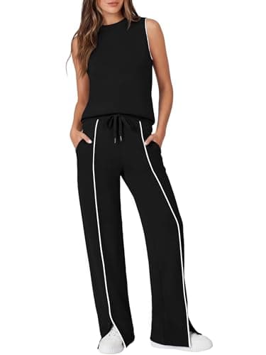 Casly Lamiit 2 Piece Set for Women 2026 Summer Spring Workout Outfits Sleeveless Tank Top Sweatpants Beach Vacation Lounge Wear Black XL - Image 1