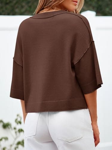 Cicy Bell Womens Half Sleeve Cardigan Sweaters Cropped Button Down Tops Oversized Lightweight Ribbed Knit Summer Outfits Coffee - Thumbnail 4